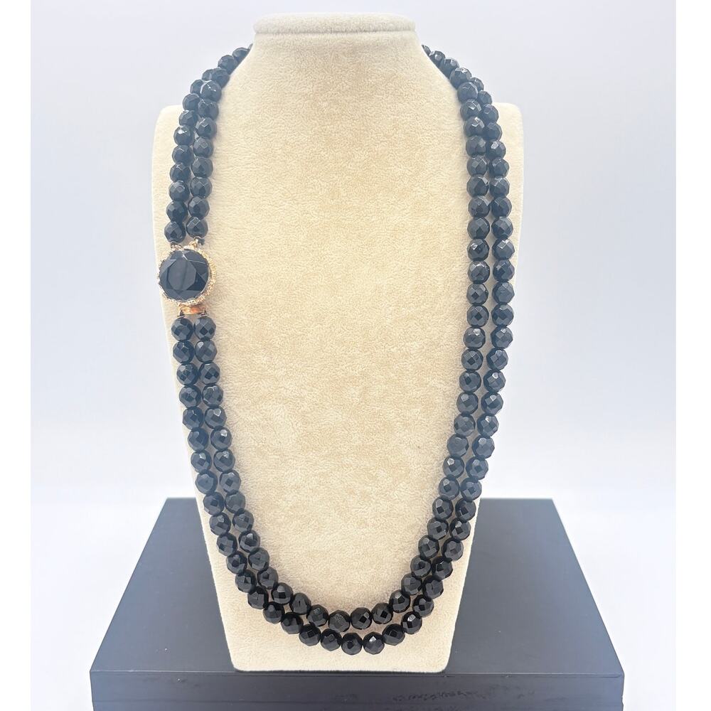 Mid-Century Double-Strand Faceted Onyx Convertible Wear Necklace Gold-Tone Clasp